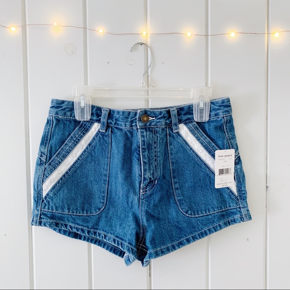 Free People Crochet Inset Lewis Denim Shorts